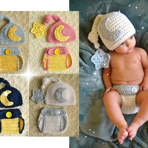 Handmade Moon and Star crochet Longtail hat, knot hat baby Photo Prop Hat & Diaper Cover Set/Outfit. Available in 4 Colors.