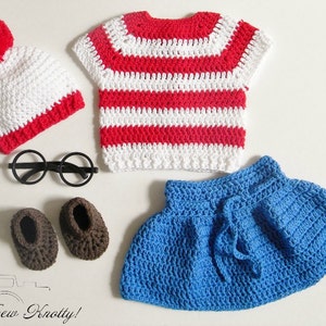 Handmade Waldo-Inspired Wenda and Waldo baby crochet outfit/costume Photo Prop. Hat, shirt, skirt, pants, diaper cover, booties.