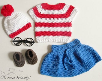 Handmade Waldo-Inspired Wenda and Waldo baby crochet outfit/costume Photo Prop. Hat, shirt, skirt, pants, diaper cover, booties.