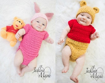 Disney's Inspired Piglet, Winnie the Pooh Crochet Handmade Baby Costume/Photo Prop Hat and Bodysuit. Booties are Optional, sold separately.