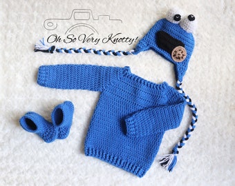 Cookie Monster Inspired Handmade Baby Crochet set Photo Prop. Available Bodysuit SHORT SLEEVES (standard) or LONG (add on) and Sweater Sets.