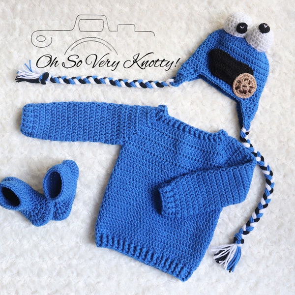 Cookie Monster Inspired Handmade Baby Crochet set Photo Prop. Available Bodysuit SHORT SLEEVES (standard) or LONG (add on) and Sweater Sets.