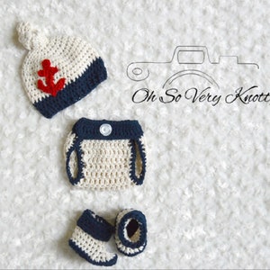 Handmade Crochet Baby Boy NAUTICAL/Sailor Knot Hat, Diaper Cover and Booties outfit. Anchor Applique. 100% Cotton.