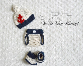 Handmade Crochet Baby Boy NAUTICAL/Sailor Knot Hat, Diaper Cover and Booties outfit. Anchor Applique. 100% Cotton.