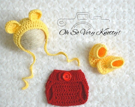 Winnie the Pooh Inspired Outfit with Bonnet, Diaper Cover and Booties Sizes  from NB to 3-6 Baby Handmade Crochet Photo