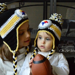 Football Steelers Inspired Earflap winter crochet hats. Available in baby, toddler and child sizes. Larger sizes available upon request.