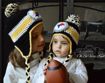 Steelers Inspired Crochet Earflap Hat, Football Winter Beanie