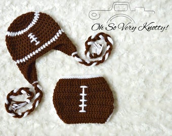 Handmade Crochet Baby Football Set with Earflap hat and braids, and diaper cover. Perfect Baby Shower Gift or Newborn Photo Prop. NB to 6 m.