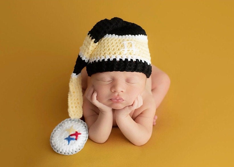 Handmade - Pittsburgh Steelers Inspired Football Baby Crochet longtail hat, diaper cover, booties. Outfit, photo prop. 100% cotton