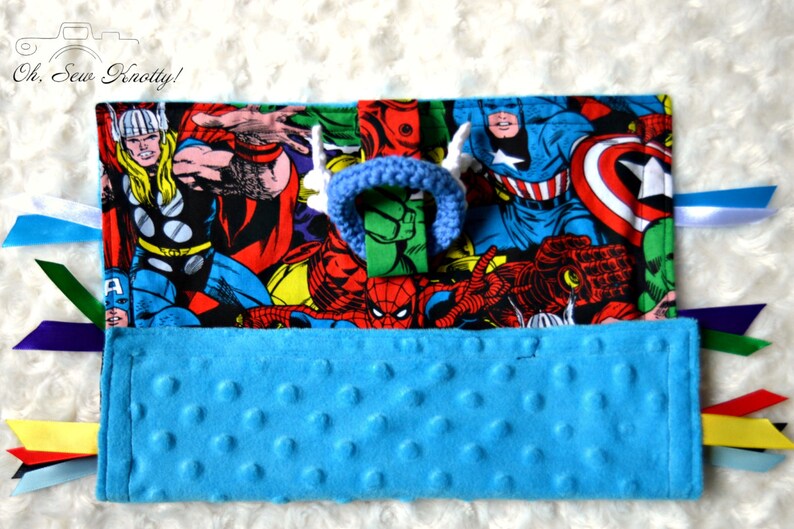 Tag Lovey Handmade Superheroes Avengers Baby Sensory Ribbon Security Blanket with crochet teething ring Soft MinkyHypoallergenic Cotton.