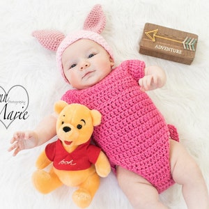 Disney&#39;s Inspired Piglet, Winnie the Pooh Crochet Handmade Baby Costume/Photo Prop Hat and Bodysuit. Booties are Optional, sold separately.