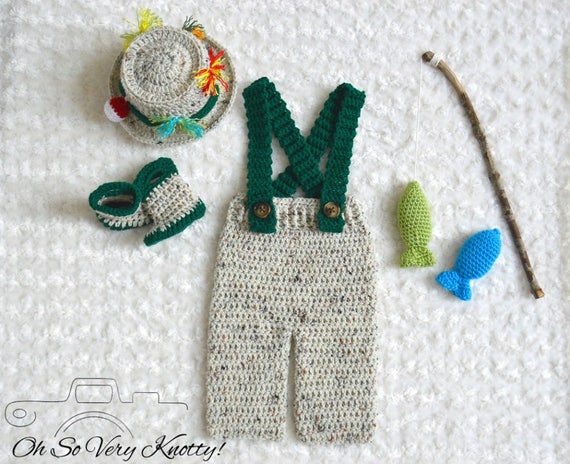 Fisherman 5 Pc. Set Handmade Crochet Baby Fishing, Pants With Suspenders,  Boots, Hat, Fish, Fishing Pole Newborn up to 12 M Photography Prop 