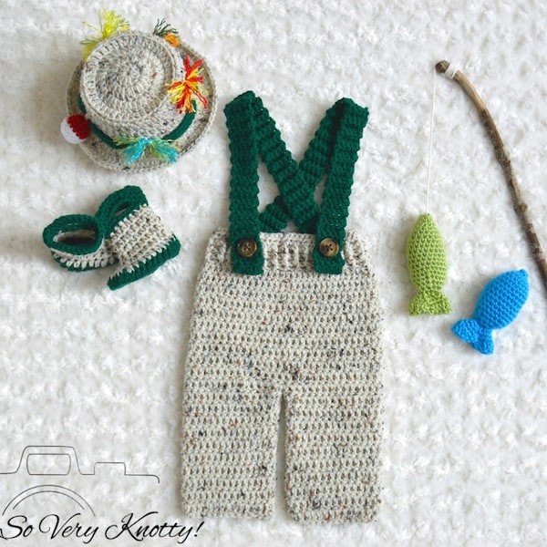 Fisherman 5 pc. Set Handmade Crochet Baby Fishing, Pants with Suspenders, Boots, Hat, Fish, Fishing pole Newborn up to 12 m Photography Prop