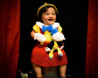 Disney's Pinocchio inspired baby girl Handmade crochet costume, photo prop. Complete with hat, shirt, skirt with suspenders, shoes & mitts.