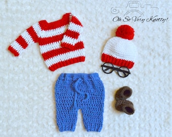 Handmade Waldo-Inspired baby crochet outfit/costume Photo Prop. Hat, shirt, pants, booties.