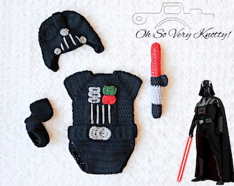 Star Wars Darth Vader Inspired Crochet Hat, Bodysuit, Boots & Saber Handmade Crochet Hat-Crochet Beanie Set, Outfit, Costume, Photo Prop