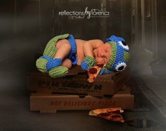 Ninja Turtles Handmade Inspired Ninja Turtles LEONARDO Blue Crochet Baby 2-6 Piece Sets. Photo Prop. Newborn to 12 month