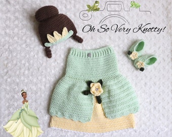 Crochet Princess Tiana Inspired Costume, Baby Dress and Tiara