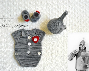 Handmade Crochet Wizard of Oz Inspired boy/girl TINMAN hat and bodysuit with heart outfit, costume