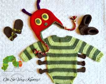 Long Sleeve Caterpillar-Inspired Handmade Baby Crochet set Photo Prop. Bodysuit Set. Hat, Legged Bodysuit, Booties & Mitts