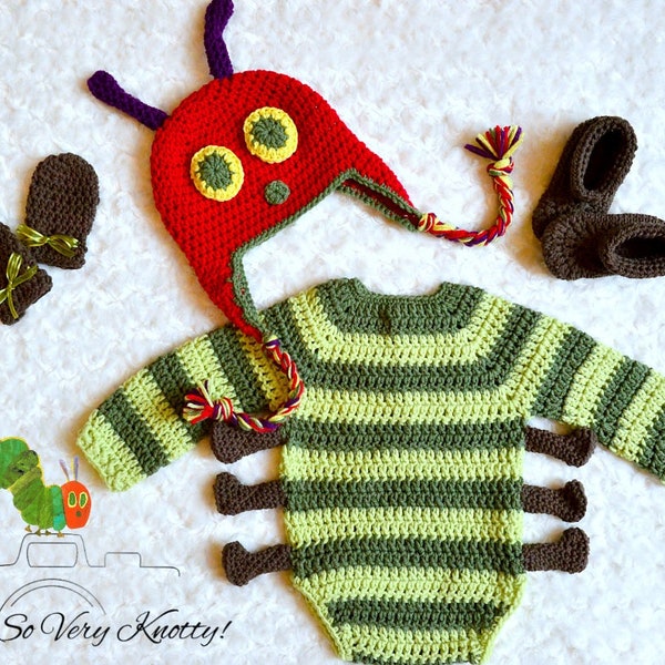 Long Sleeve Caterpillar-Inspired Handmade Baby Crochet set Photo Prop. Bodysuit Set. Hat, Legged Bodysuit, Booties & Mitts