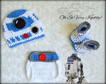 Star Wars Baby R2D2 Droid Sci-Fi sombrero de ganchillo y cubierta de pañal hecho a mano sombrero de ganchillo-gorro de ganchillo conjunto, traje, disfraz, foto prop
