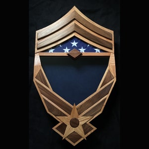 Handcrafted Air Force Shadow Box with Rank Chevron - Black Walnut - SMSgt -E8 First Sergeant -  includes flag!