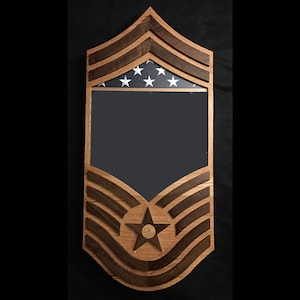 Handcrafted US Air Force Rank Insignia Shadow Box - Oak & Black Walnut - Senior Master Sergeant - SMSgt - includes flag!