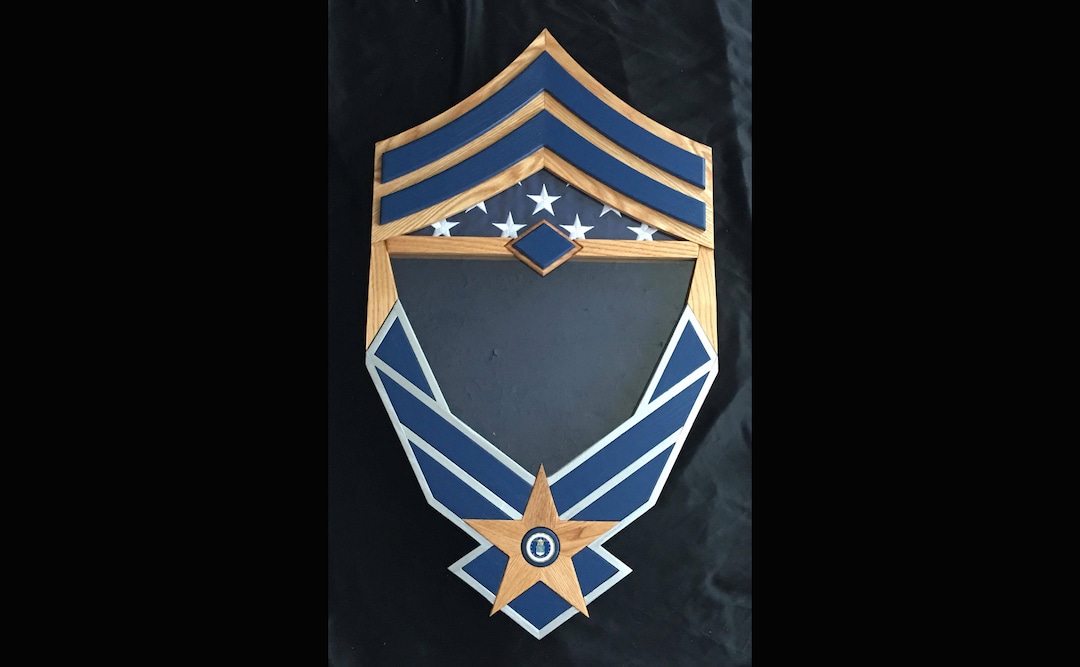 Handcrafted Air Force Shadow Box With Rank Chevron Silver & Navy Smsgt