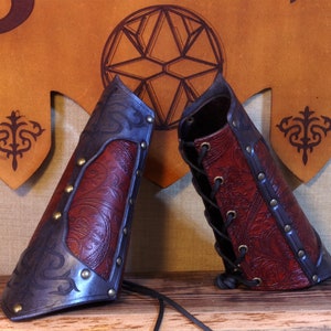 Leather Bracers "Vorov" pewter/ruby (pair) - Fantasy Medieval Armor, LARP, Cosplay, Renaissance Fairs & Historical Events