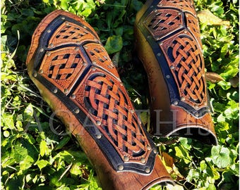 Celtic leather greaves "Nuada" for LARP, GN, cosplay, Viking knight, medieval warrior costume, leg armor for fantasy reenactment.