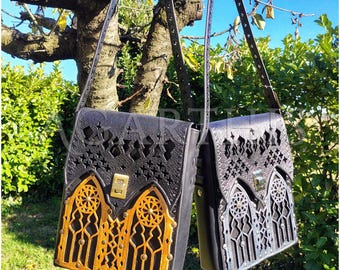Leather bag "Cathedral" Original Cosplay, LARP , GN -Black Steampunk Gothic Style Leather Shoulder Bag, Gothic Vampire Style.