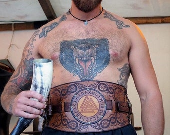 Broad belt &quot;Valknut&quot; - Belt with Aged Effect for Viking, Celtic, Larp