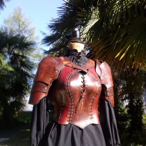 May include: A brown leather armor chest piece with metal accents and lacing. The armor is on a mannequin and has a distressed look.