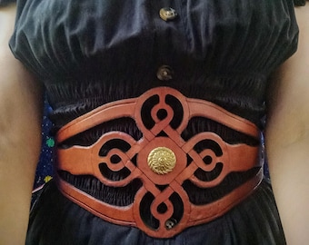 Woman leather Belt "Beltane" Handcrafted leather belt with Celtic For fantasy LARP, medieval reenactments, elven cosplay, GN, and festivals.
