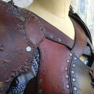 May include: Brown leather armor with decorative stitching and rivets. The armor is worn on a mannequin and has a dark brown color.