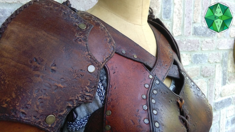 May include: Brown leather armor with decorative stitching and rivets. The armor is worn on a mannequin and has a dark brown color.