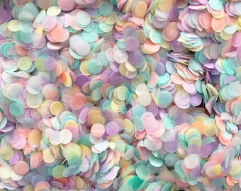 May include: A dense collection of small, circular paper confetti pieces in a variety of soft pastel colors including light pink, mint green, pale yellow, lavender, and sky blue, creating a layered and textured surface of overlapping circles.