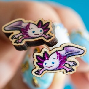 Axolotl Sustainable wood jewelry, wood studs, wood pin, Eco friendly studs