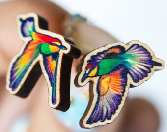 Birds of Paradise, Mis matched earrings, Sustainable wood jewelry, wood studs, wood pin, Eco friendly studs