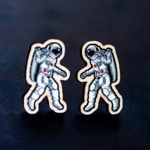 Astronaut Earrings, Space Earrings, Astronomy, Sustainable wood jewelry, wood studs, wood pin, Eco friendly studs