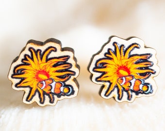 Anemone and clownfish, Sustainable wood jewelry, wood studs, wood pin, Eco friendly studs