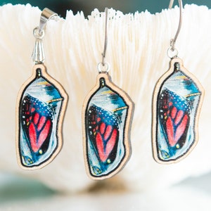Monarch Chrysalis, Butterfly Jewelry, Cocoon, Sustainable wood jewelry, Dangling Earrings, Necklace, Wooden lapel Pin