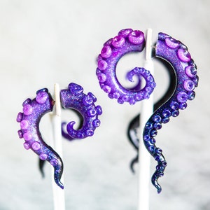Glow in the Dark Purple and Black Opal, Ursula/Sea witch - Resin Tentacle/Octopus fake gauge earrings, , Octopus Earrings