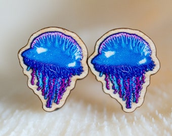 Portugese Man O War' Sustainable wood jewelry, wood studs, wood pin, Eco friendly studs