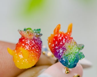 Tiny Rainbow Pride Glow in th dark Opalescent nudibranch ( Hermissenda crassicornis ) Ocean Earrings, Beach Jewelry, Diver/Mermaid gift