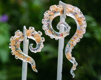 Pressed Flowers and Gold Leaf Resin Tentacle/Octopus fake gauge earrings, Beach/Ocean Earrings, Octopus Earrings,Diver gift