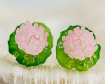 Tiny Glow in the Dark Water Lily and Lily Pad Earrings with Iridescent Micro Bubbles, pond earrings, peaceful