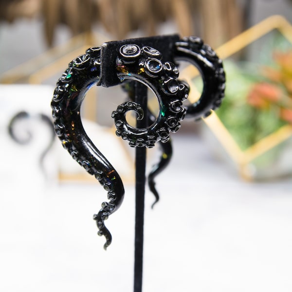 Black Confetti Opal Resin Tentacle/Octopus fake gauge earrings, Mermaid Earrings, Pirate Costume, Siren Jewelry, Octopus Earrings