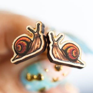 Garden Snails, Invertebrate earrings, Sustainable wood jewelry, wood studs, wood pin, Eco friendly studs